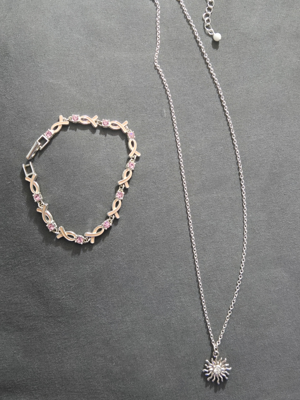 Avon Breast Cancer Bracelet And Silver-tone Sunburst Pendant Necklace 